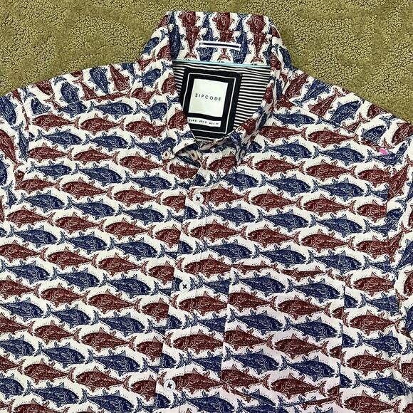 ZipCode S Red & Blue Fish Short Sleeve Button Down Shirt w Pocket for Summer Fun - Picture 6 of 11